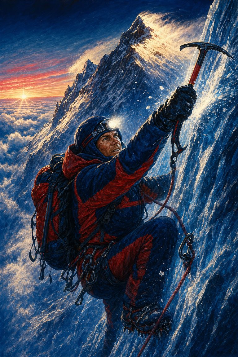 Summit Push — a mountaineer swinging an ice axe on a sheer wall