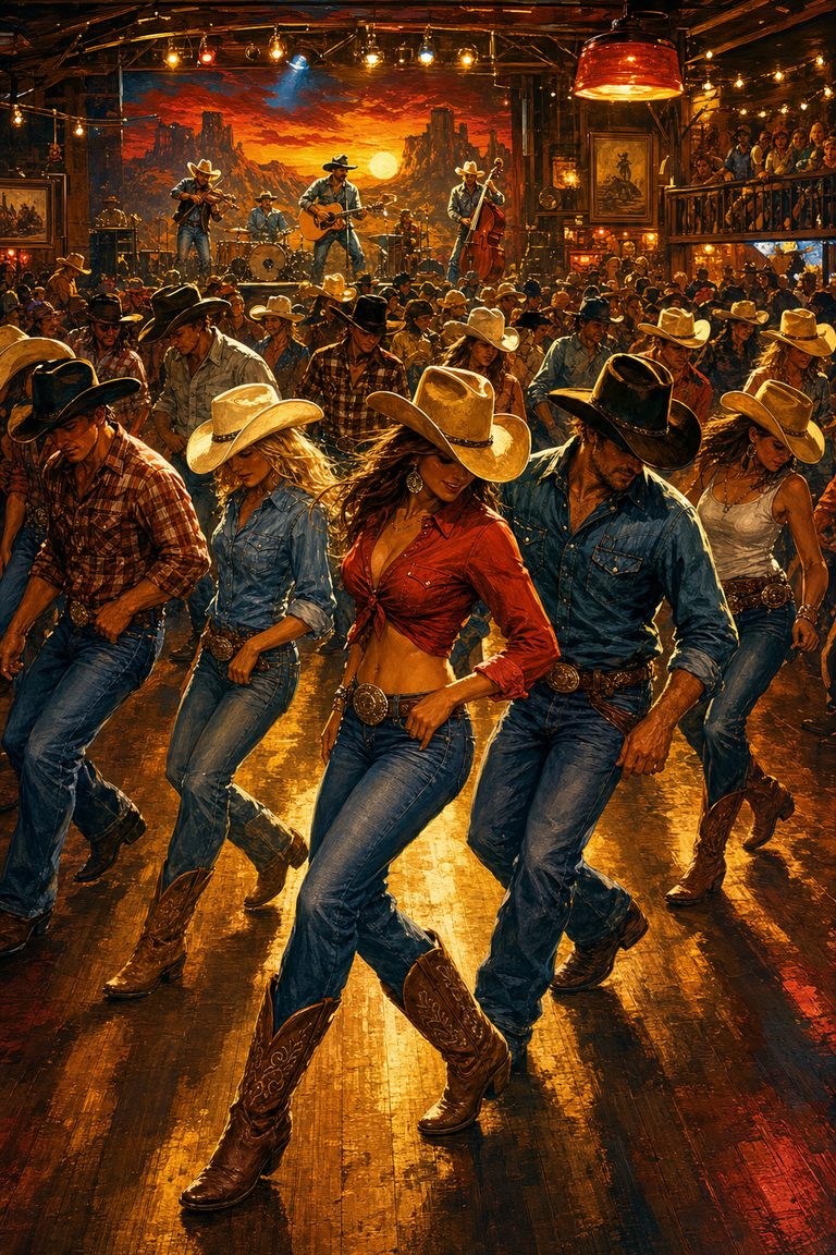 Boot Scoot — a packed honky-tonk with rows of line dancers
