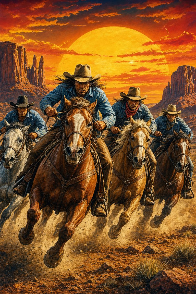 Dust Derby — riders at full gallop across the prairie at sunset