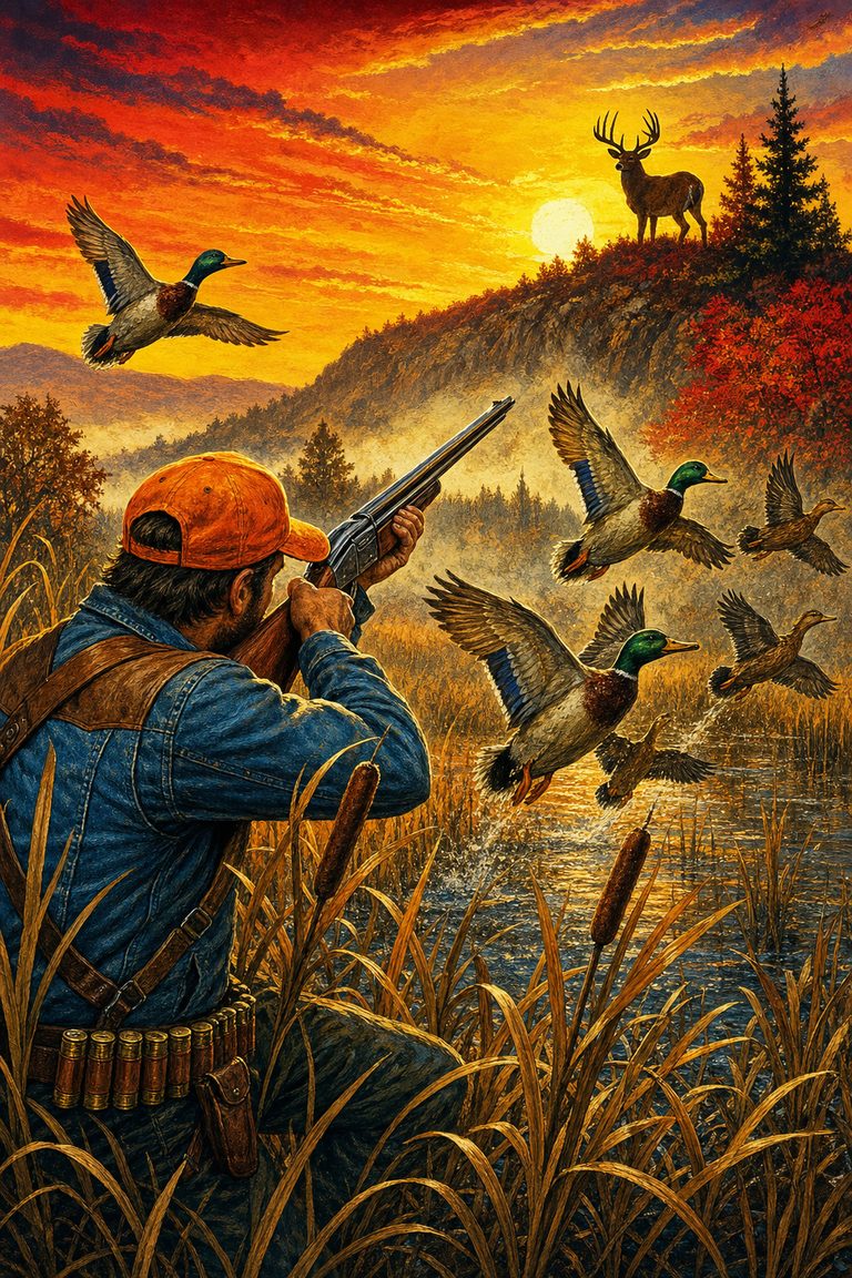 Open Season — a hunter in the marsh at dawn with ducks taking flight and a buck on the ridge