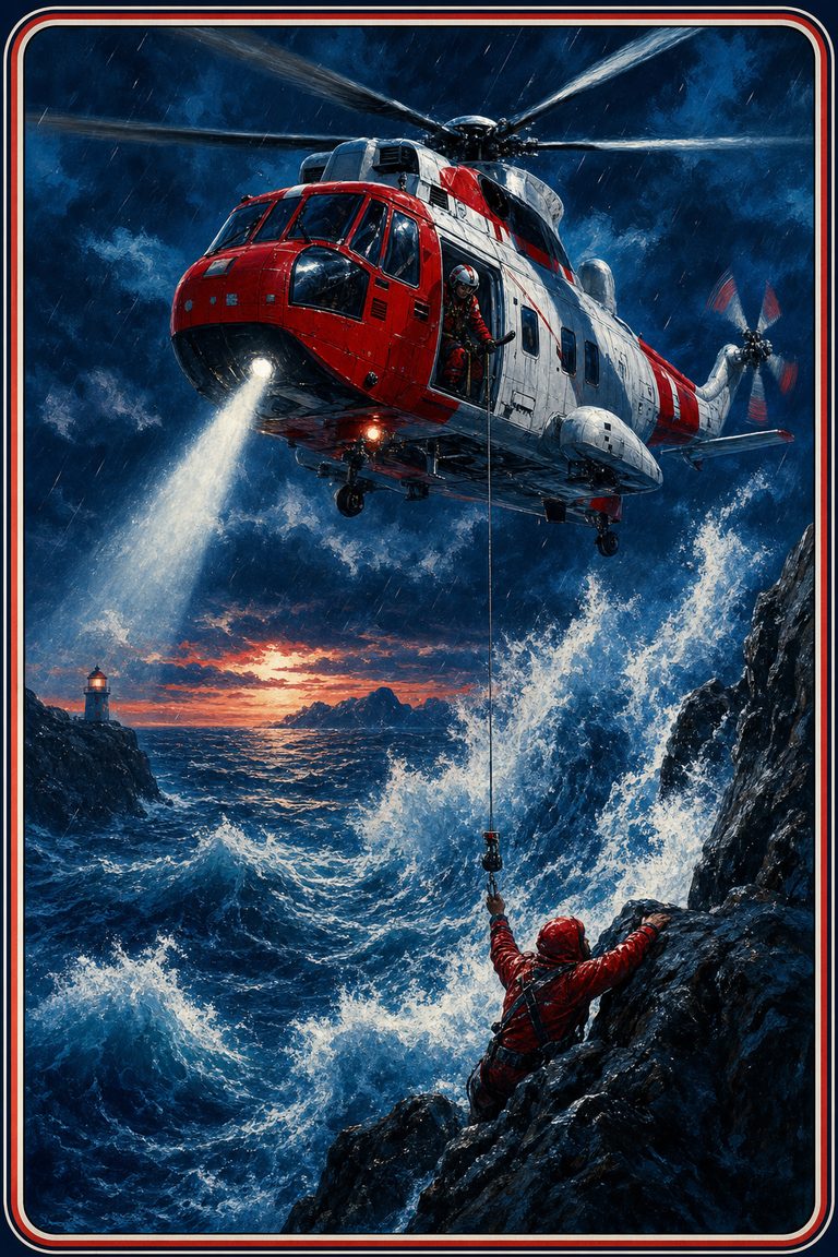 Storm Rescue — a search and rescue helicopter winching a survivor from the sea