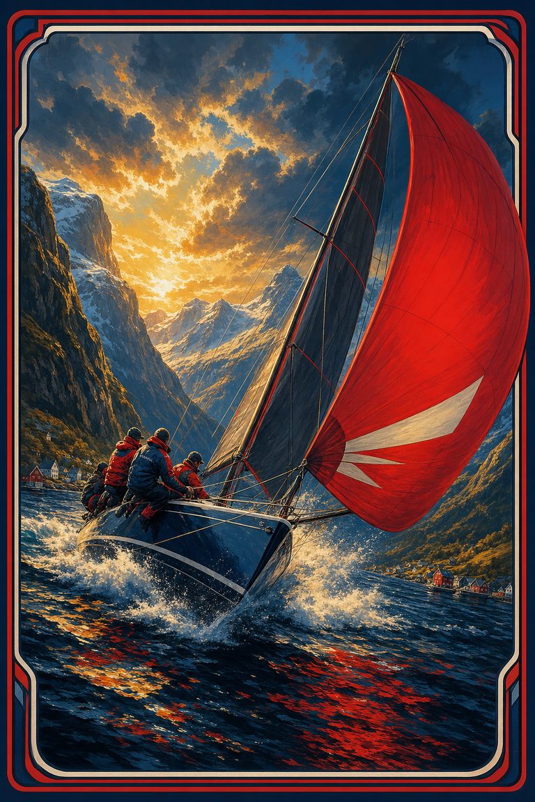 Fjord Runner — a racing sailboat heeling through a Norwegian fjord