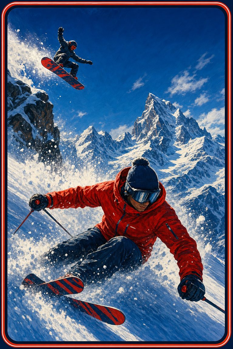 Alpine Rush — a skier carving powder with a snowboarder in the air