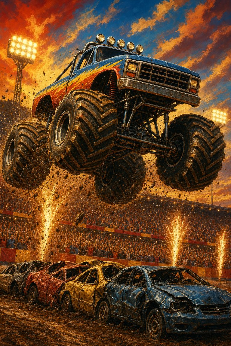Crush Hour — a monster truck flying over crushed cars in a stadium
