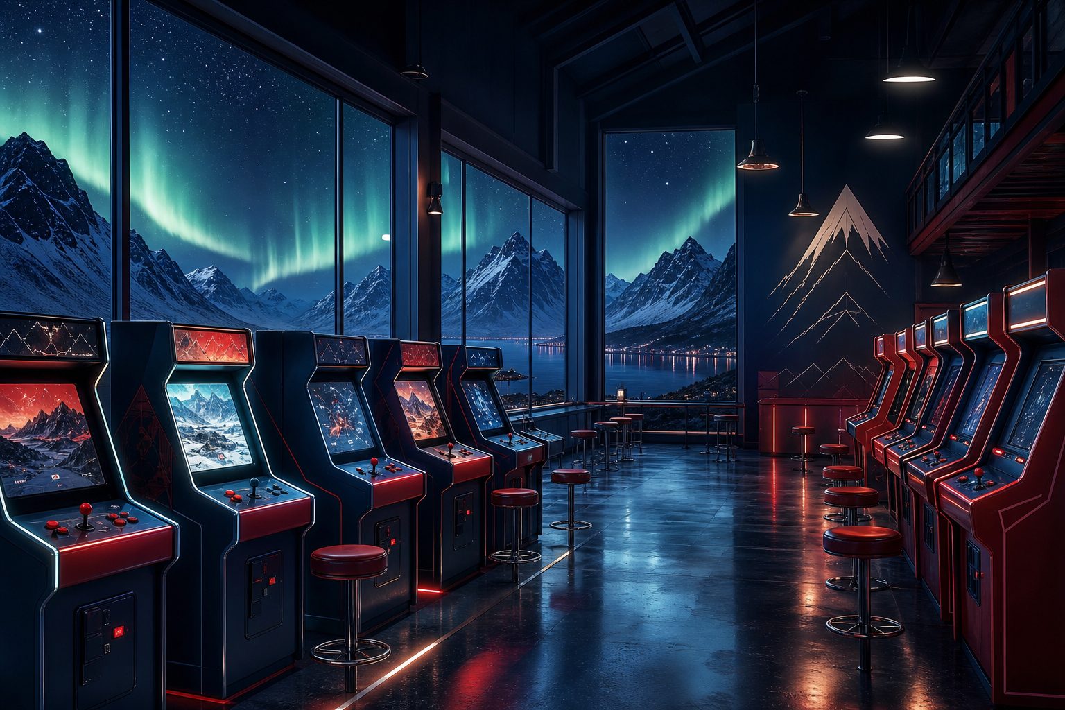 The H/H Arcade — a Nordic arcade hall under the northern lights