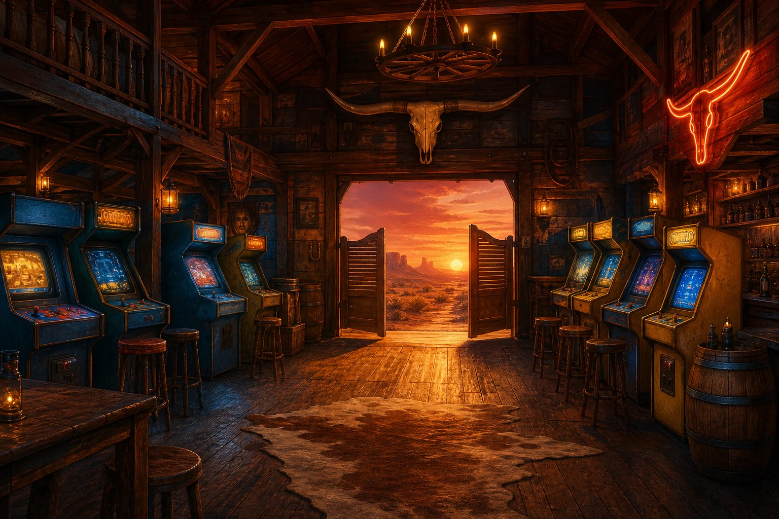 The Wrangler Arcade — a western saloon full of arcade cabinets